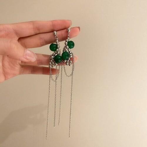 TARCLIY Simple Geometric Chain Tassel Earrings Green Crystal Silver Color Beads Knotted Dangle Earrings Women Fashion Jewelry