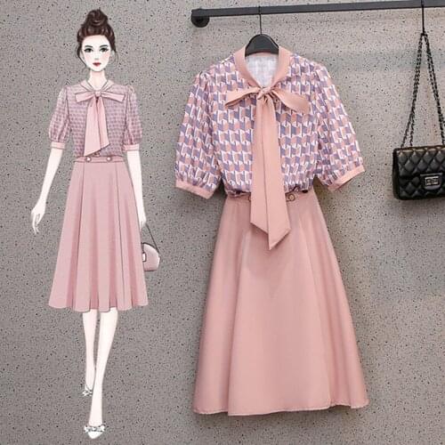 Plus Size M-6XL 2021 New Summer Printted OL 2 Piece Sets Women Bow Tie Short Sleeve Chiffon Shirts Elastic Waist A-line Skirts