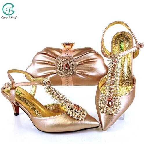 2021 Lastest Italian design Fashion Special Style Champagne Color Noble and Elegant Ladies Shoes and Bag Set for Party