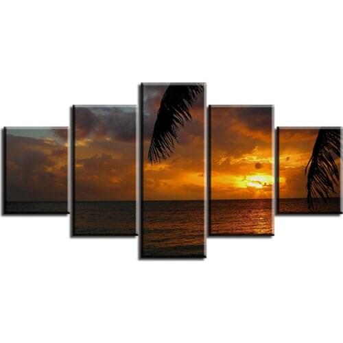 Best 5 pc Set golden-sunset-on-the-beach NO FRAME Oil Painting Canvas Prints Wall Art Pictures For Living Room Decorations