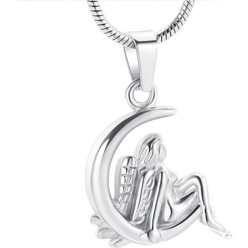Angel Moon Stainless Steel Cremation Pendant Necklace Ashes Keepsake Holder Memorial Urn Necklace