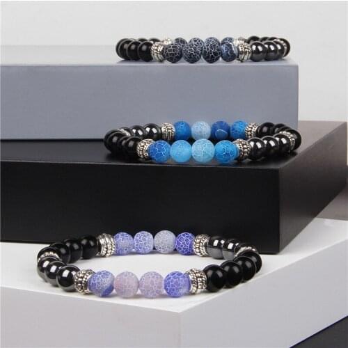Antique Handmade Hematite Bead Therapy Bracelet Natural Cracked Agates Stone Bead Design Braclet For Men Women Wristband Jewelry