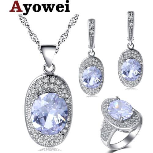Ayowei Top Quality White Cubic zirconia For silver Earrings Necklace pendant Rings Jewelry Sets USA size #6#7#8#9#10 JS713A