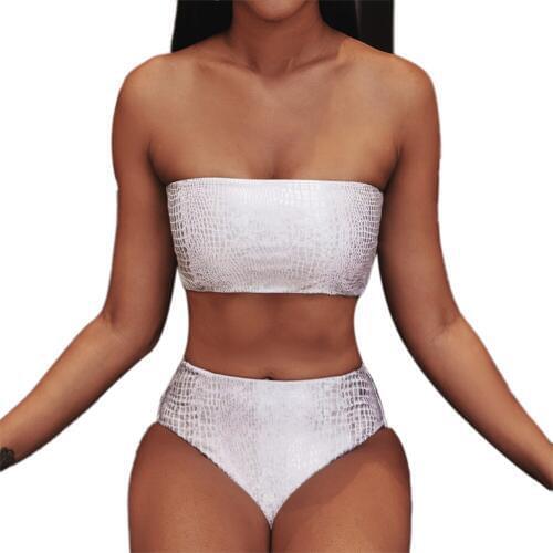 Sexy Women Ladies Strapless Bandeau Push-up Bikini Sets Snake Print White Swimwear Swimsuit Beachwear Bikini Set Swim Costume