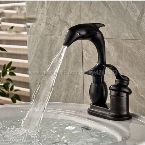 Oil Rubbed Bronze Dolphin Shape Bathroom Basin Faucet Single Handle Deck Mount Basin Vessel Sink Mixer Tap Knf032