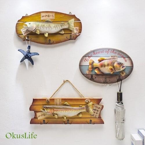 Mediterranean Style Wooden Hanging Fish American Countryside Wall Decoration 3D Fish Handmade Crafts Coat Hook Home Decoration