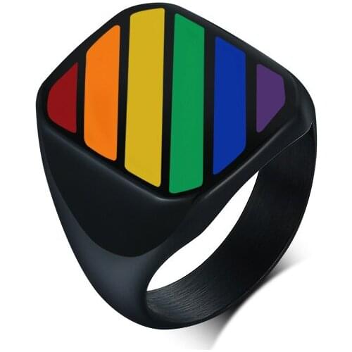 Men Ring Stainless Steel Rainbow Square Signet Ring Male Jewelry