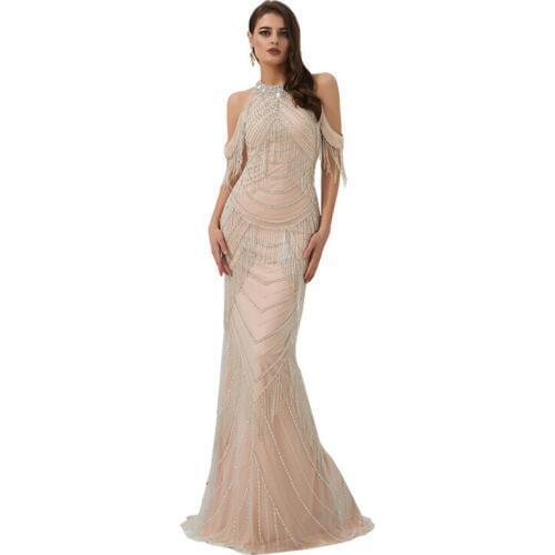 Elegant Champagne O-Neck Off Shoulder Mermaid Dress Abendkleid Vestido de noche Ever pretty robe longue Evening dresses 99316
