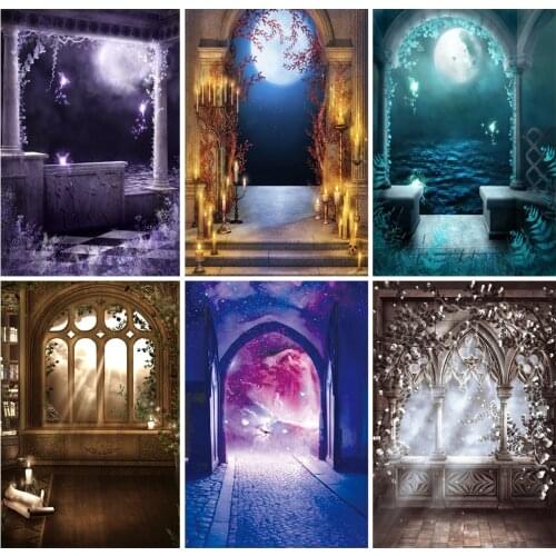 Laeacco Dreamy Moon Old Pavilion Plants Elves Blue Photo Background Portrait Photocall Photography Backdrops For Photo Studio