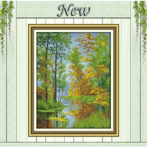 River Reflection view countryside Scenery,Counted print on canvas DMC 14CT 11CT DIY Cross Stitch Needlework kits Embroidery Sets