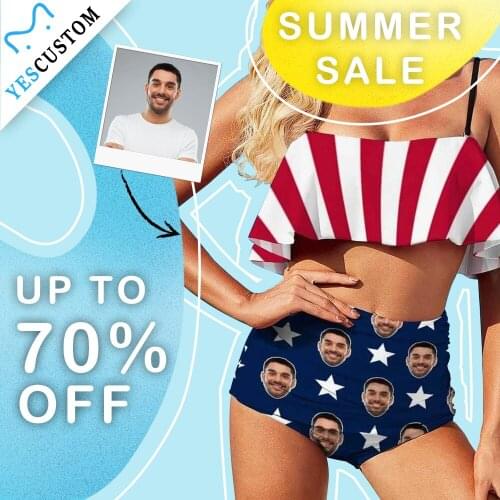 M YesCustom Custom Face American Flag Ruffle Bathing Suit Swimsuit Top Bikini Set 2021 Backless Party Pool Design Swimwear Beach