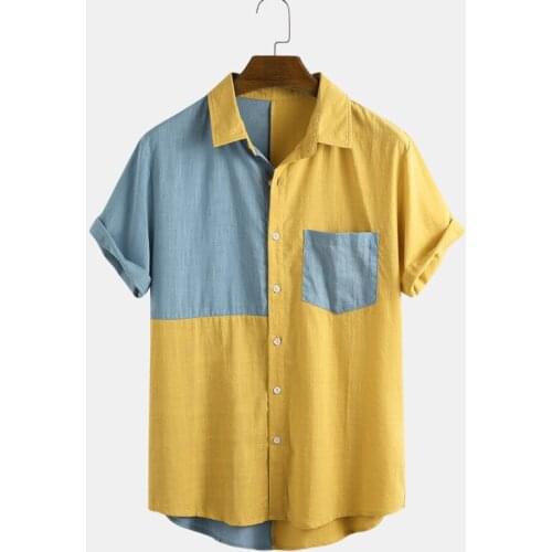 2021 Casual Cotton Shirts Men Fashion Asymmetric Contrast Color Block Patchwork Casual Short Sleeve Shirt Chemise Homme