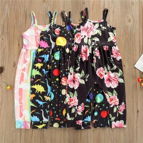 Newest 4 Colors Kids Summer Jumpsuits Multicolor Print Spaghetti Strap Sleeveless Siamese Trousers for Girls 1-6 Years