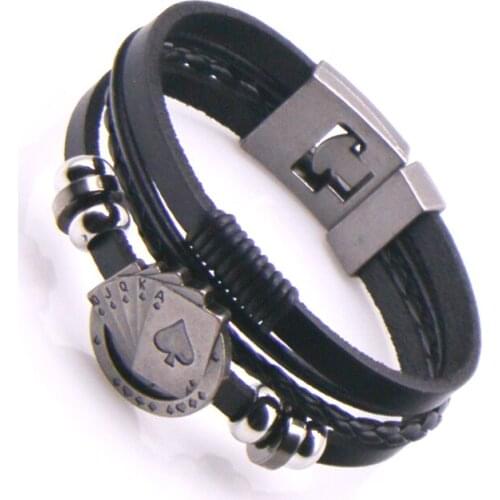 New Design Style! Lucky Vintage Leather Bracelet for Men Playing Cards Charm Multilayer Braided Woman Pulseira Masculina