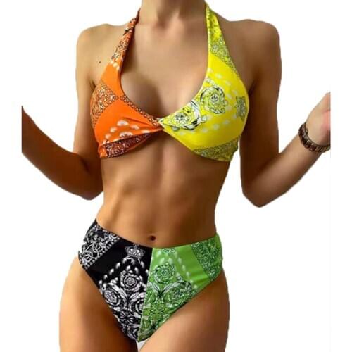 New Bikini Patchwork Swimsuit National Style Halter Bathing Suit Female 2021 Swimwear Two Piece Swim Set