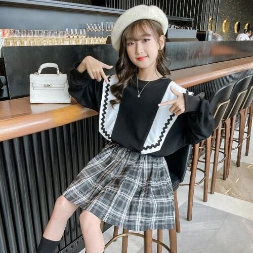 New Girls Spring And Autumn Fashion Suit 2021 Girls Uniform Loose Pullover + Pleated Plaid Skirt 2-piece Set Girls Casual Wear