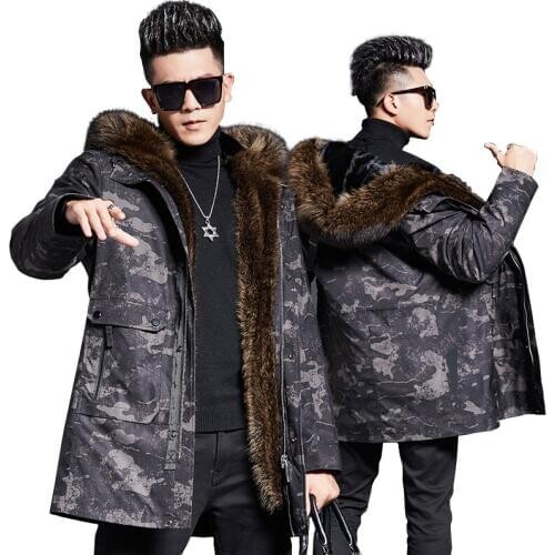 DK Winter Thicken Pearl Mink Fur Parkas Men Winter Warm Natural Racoon Dog Fur Clothing Fashion Camouflage Real Fur Jackets