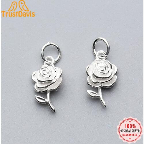 TrustDavis Real 925 Sterling Silver Sweet Stereoscopic Rose Flower Charm Pendant Handmade DIY Accessories Jewelry Wholesale DZ86