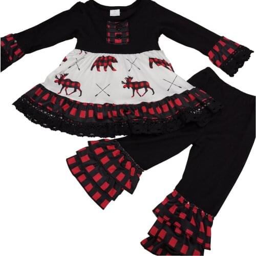 Christmas Style kids toddler newborn beer deer print black long sleeve tunic ruffled pants 2pcs set