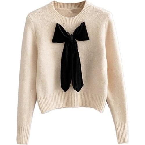 Knitted Bow Tie Decorate Stylish Ladies Tops Long Sleeve Jumper Warm Soft Sweater Female Women Fashion Solid Pullover Sweater