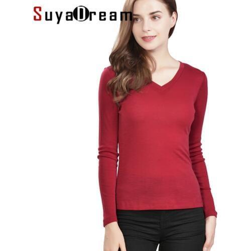 Women T shirt 100%Wool Knitted Long sleeved shirt for Women V neck 2018 FALL Winter Bottoming shirt Black Wine