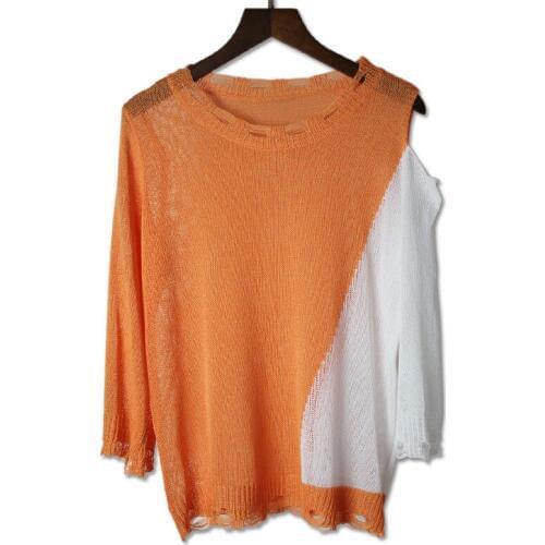 New Autunm Fashion color block knitted T Shirts Casual Wild Off-shoulder Hole Ladies T Shirts Loose Europe Women Tops