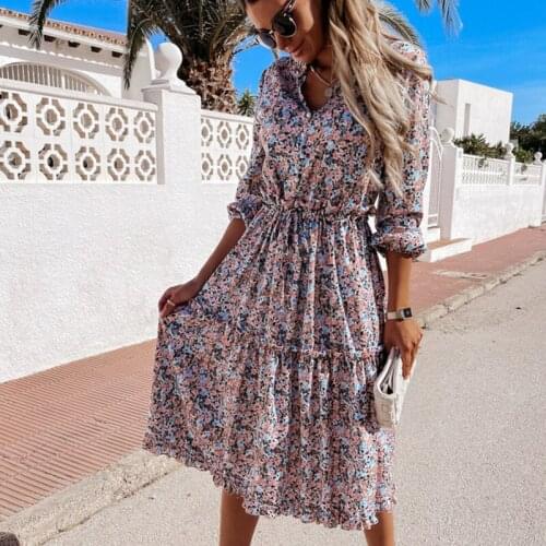 2021 Fashion V-neck Long Sleeve Floral Printing Pleated Loose Dresses Tunic Casual Summer Sundress Beach Dress Vestidos