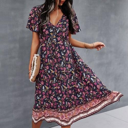 2021 Summer Women Chiffon Dress Sexy Deep V-Neck Retro Floral Print Female Dresses Elegant Beach Party Ladies Midi Dresses