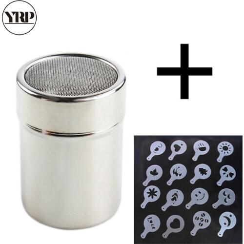 Stainless Chocolate Shaker Cocoa Flour Sugar Powder Coffee Sifter16Pcs Coffee Stencils kitchen accessories barista art tools