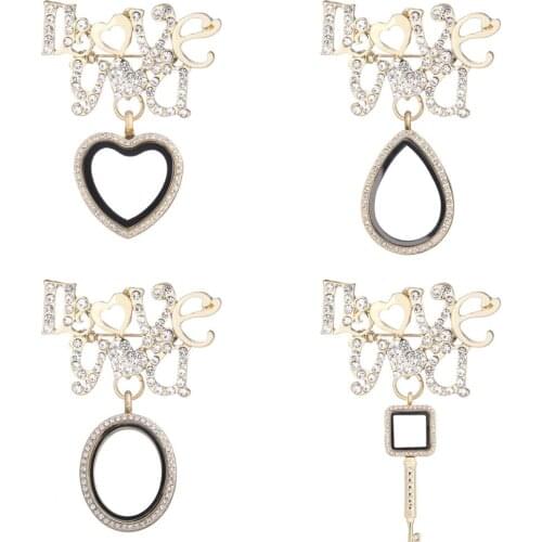 5pcs/lot Golden I LOVE YOU Heart Letters Rhinestone Brooches with Glass Living Memory Lockets Fit Floating Charms Women Gift