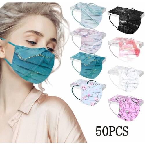 50pc Disposable Adults Mask Aesthetic Marble Gradient Flowers Print Face Mask 3ply Earloop Mascherine Masque Halloween Cosplay
