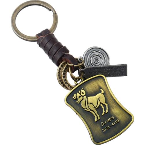 ZORCVENS New Fashion Punk Vintage Genuine Leather Weave Zodiac Key Chains for Men Women Retro 12 Constellation Jewelry Wholesale
