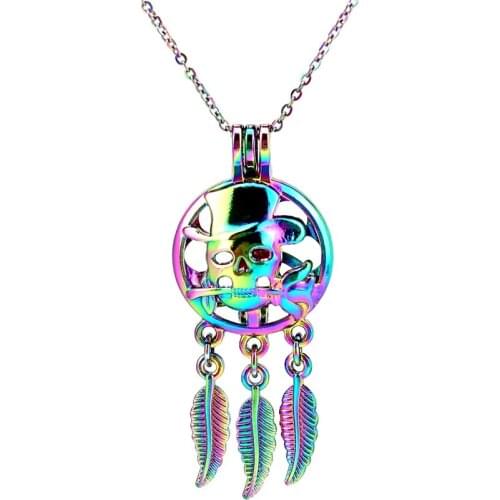 C926 Rainbow Color Dream Catcher Beaty Skull Rose Halloween Leaf Hollow Locket Pendant Aroma Essential Oil Diffuser Necklace