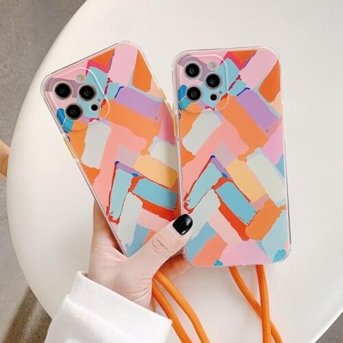 Rope Lanyard Case For Coque iPhone 12 Mini 11 Pro Max XS X XR SE 2020 7 8 Plus Colorful Graffiti Chalk Back Cover iphone12 Funda