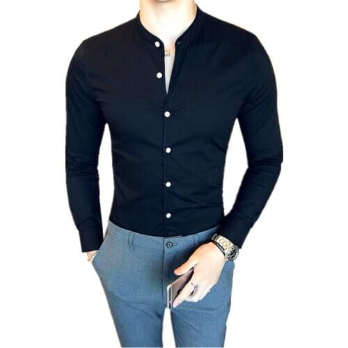 Black Stand Collar Mens Shirts Long Sleeve Fashion Slim Shirt Men White camisa masculina Spring and Autumn man top 4xl
