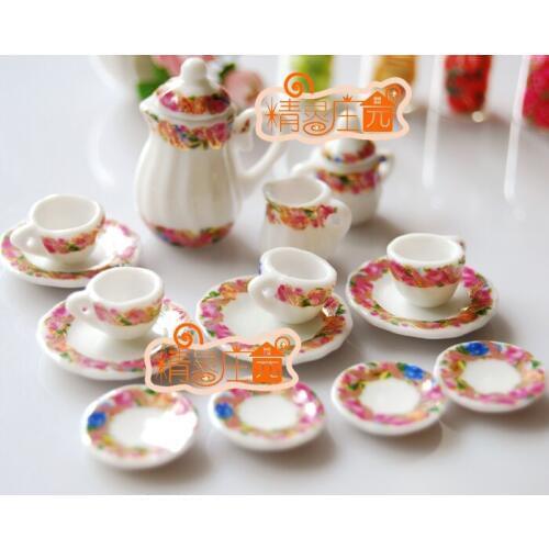 G05-X4323 children baby gift Toy 1:12 Dollhouse mini Furniture Miniature rement ceramics tea set 15pcs/set wreath flower