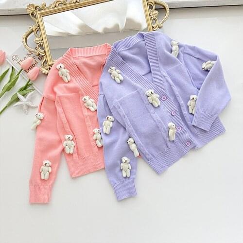 Childrens Knitted Cardigan Spring Autumn New Baby Girls V Neck Cartoon Sweater Cardigan Cute Bears Sweater Jackets for Big Girl