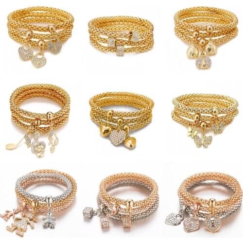 FNIO 3 Pcs/Set Crystal Owl Heart Charm Bracelets & Bangles Gold Alloy Elephant Anchor Pendants Rhinestone Bracelets For Women