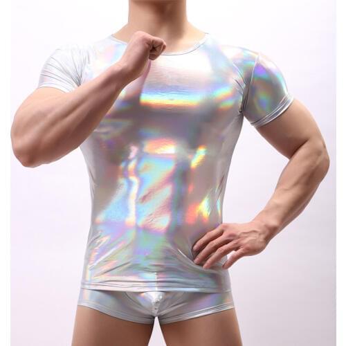 PU Leather T Shirts Men Sexy Fitness Tops Short Sleeve Gay T-shirt Mens Shinny Party Club Stage Dance T-shirt Men Casual Top Tee