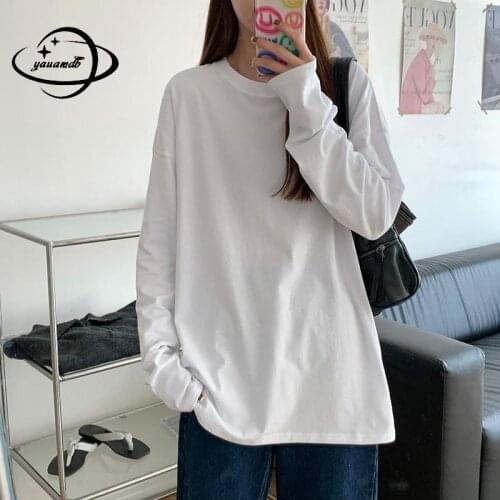 S-3xl Womens T Shirts Spring Autumn Female Long Sleeve 100% Cotton Solid Color Loose Comfortable Ladies Top Tees Clothes Hy18
