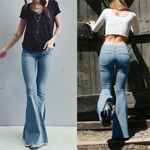 Summer and Autumn new European and American style high waist stretch horn jeans women Slim long leg solid color jeans