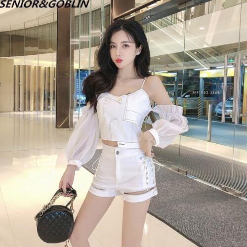 Summer Outfits 2020 New Sexy Off-the-Shoulder Long Puff Sleeve Irregularity Blouse+High Waist Bodycon Zipper Bandage Shorts Set