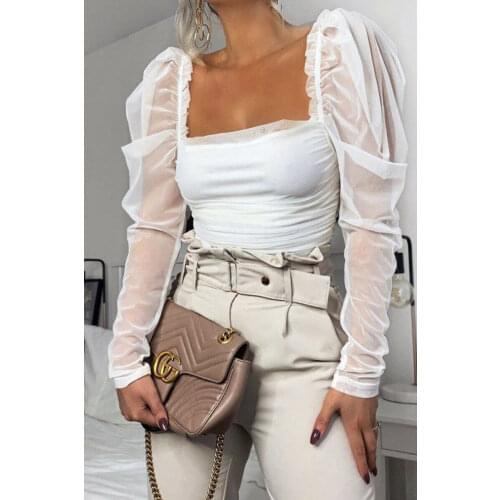 Summer Women Sexy T Shirt Crop Top Solid Mesh Sheer Puff Sleeve Ruched Square Collar Blouse Party Club Blouses Shirts Clothes