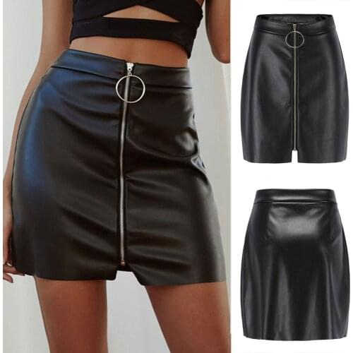 Fashion Leather Skirt Women Solid Zipper Short Skirt High Waist Leather Mini Sheath High-waisted Skirt Faldas Женские Юбки @40