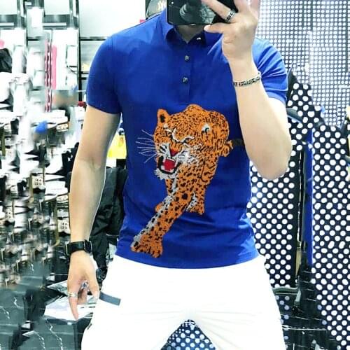 Heavy Craft Leopard England Casual Mens Lapel Gradient Rhinestone Shirt Polo Elasticity Short-Sleeved Male