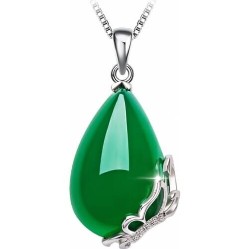 Natural Green Hetian Jade Water Droplets Pendant 925 Silver Necklace Chinese Jadeite Amulet Charm Jewelry Gifts for Women Her