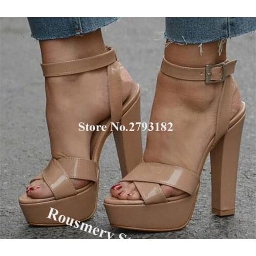 New Fashion Patent Leather High Platform Chunky Heel Sandals Open Toe Nude Ankle Buckle Thick High Heel Sandals Party Heels