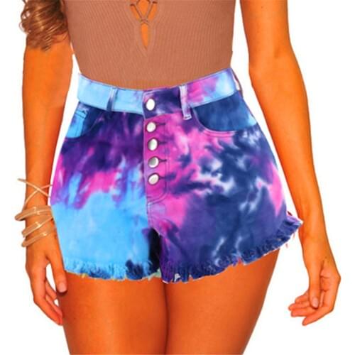 Sexy High Waist Tie Dye Women Denim Shorts Cotton High Stretch Button Tassel Buttocks Sexy Nightclub Orgy Jeans Shorts