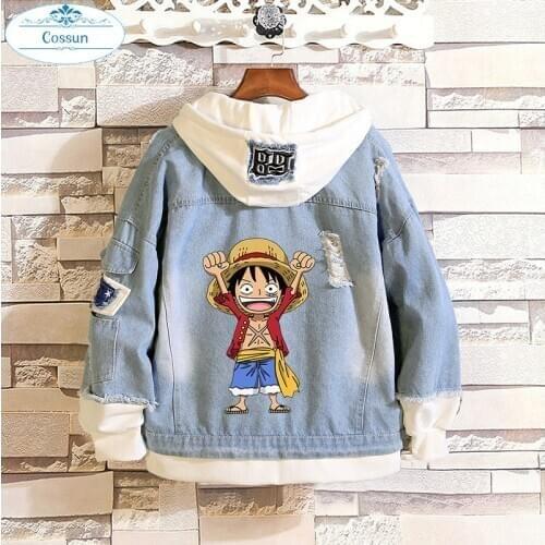 One piece Blue Denim Jacket Hoodie For Girls Boys Spring Coat Hoodies Jackets Men women Cartoon cowboy jacket Couple costume