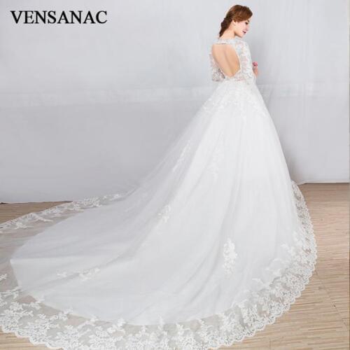 VENSANAC Lace Appliques Illusion Long Sleeve Court Train Ball Gown Wedding Dresses 2018 O Neck Open Back Bridal Gowns